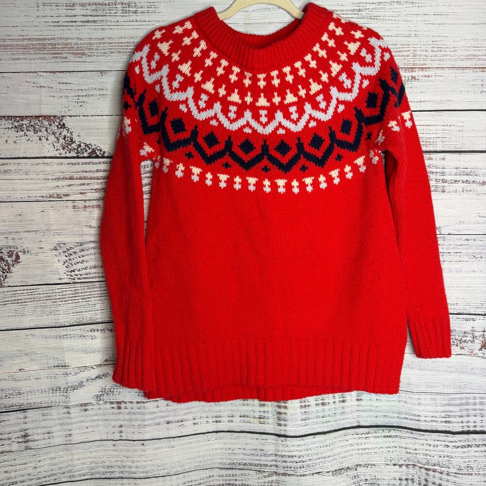 J.Crew Women S Red Fair Isle Merino Wool Sweater Nordic Holiday Crewneck